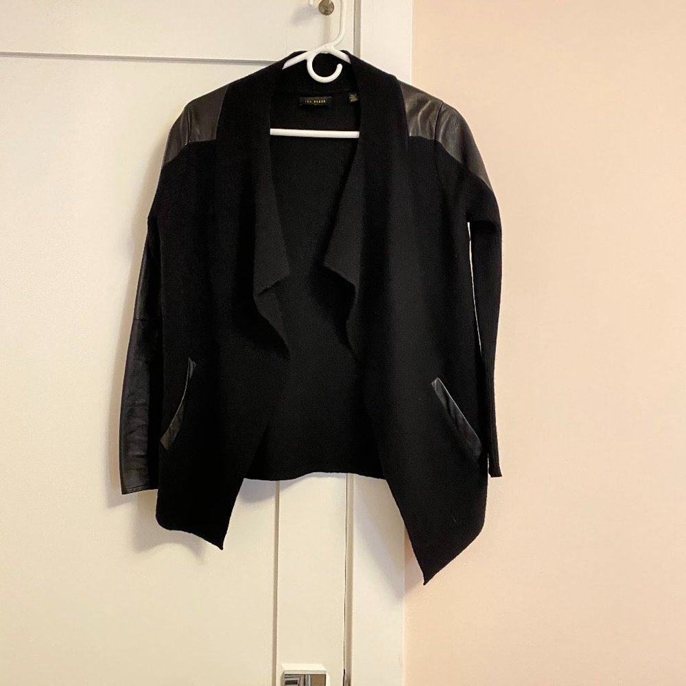 Ted Baker Drape Front Open Cardigan Wool Leather Size S Black